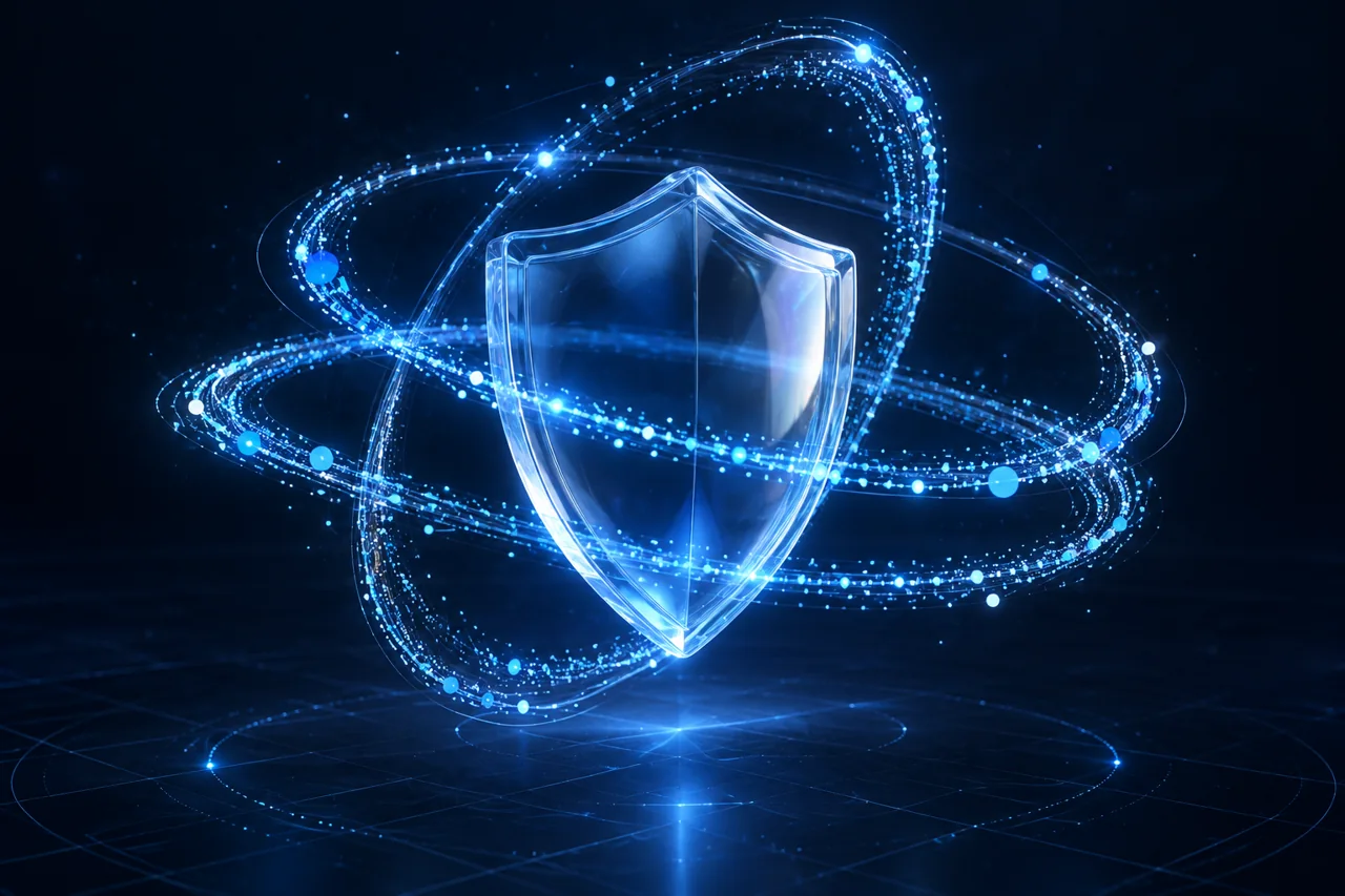 Glass shield surrounded by blue orbital signals, illustrating digital reputation protection